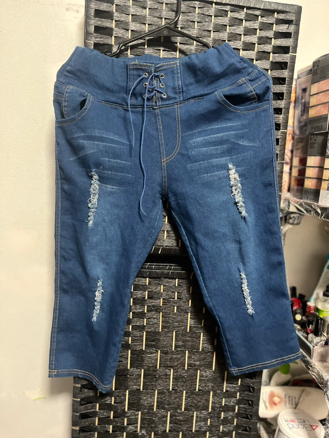 Blue Denim Capris with Lace-Up Front