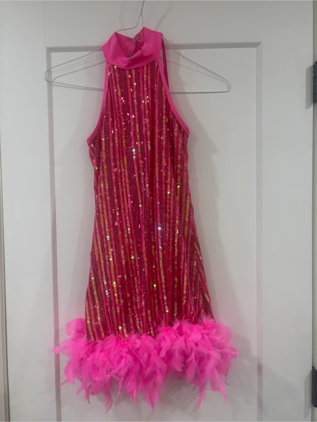 Dance costume-Pink Sequin Feather Dress