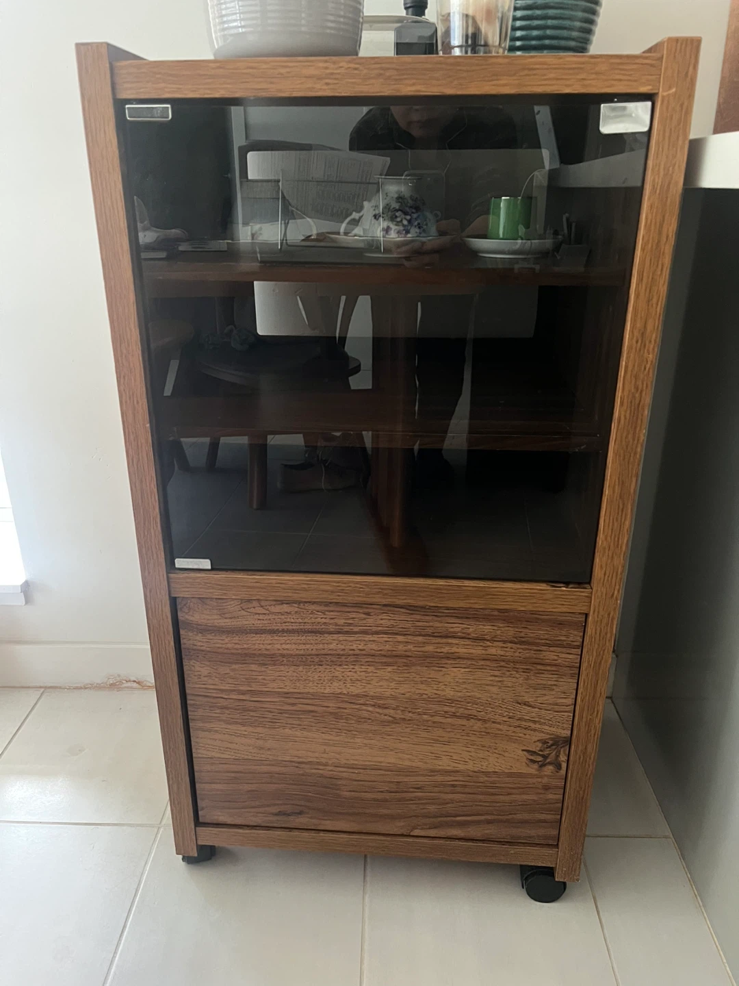 Wooden Display Cabinet with Glass Door and Wheels