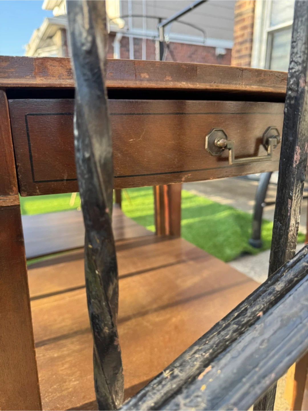 Vintage Wooden Side Table with Drawer and Leather Inlay - photo 3