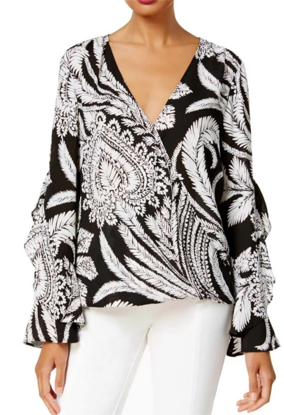 Black & White Paisley Bell Sleeve Blouse - photo 2