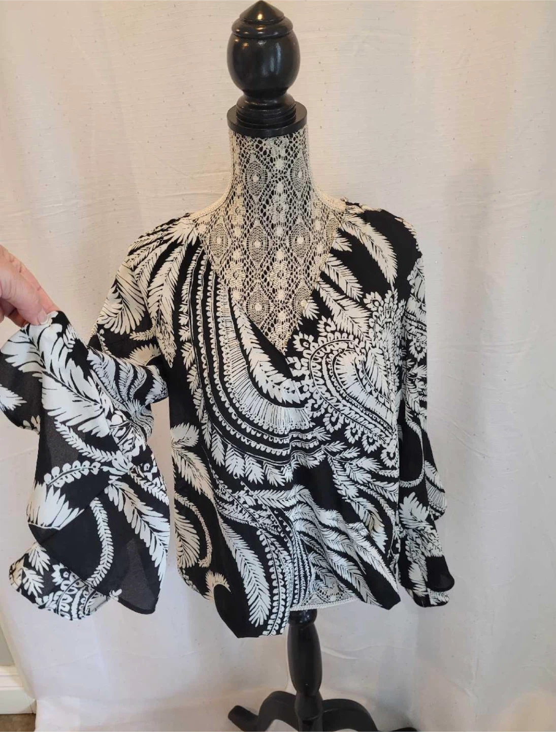 Black & White Paisley Bell Sleeve Blouse