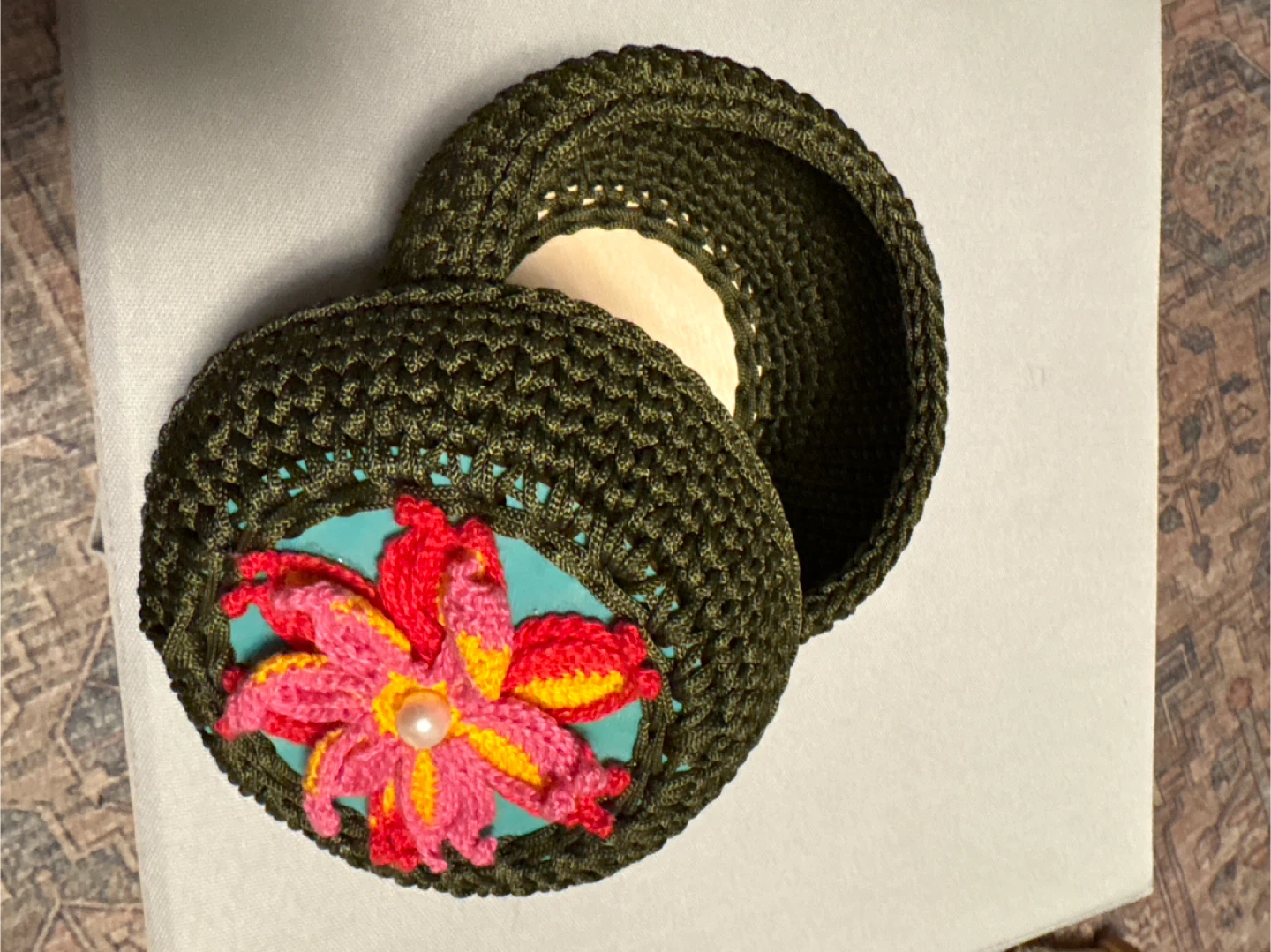 Handmade Crocheted Trinket Box with Flower