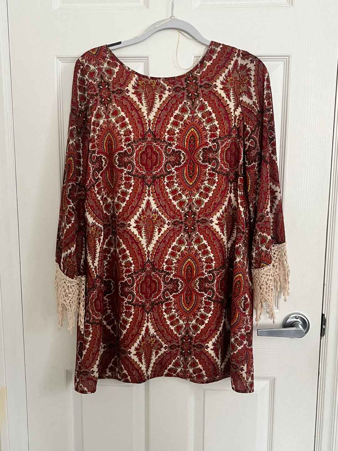 Boho Print Dress with Lace Cuffs