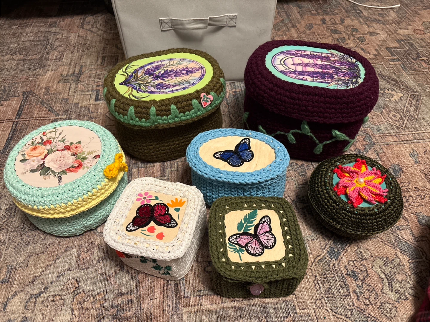 Set of 6 Handmade Crocheted Storage Boxes with Decorative Lids