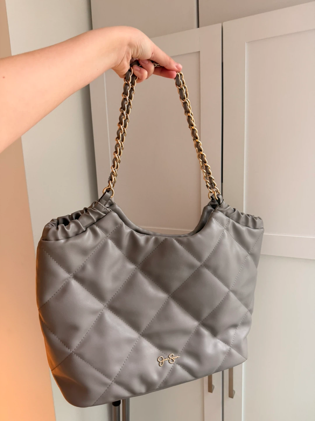 Jessica Simpson Grey Quilted Tote Bag with Gold Chain