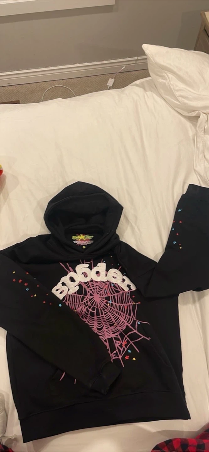 SP5DER Hoodie Black Pink Spiderweb Size S