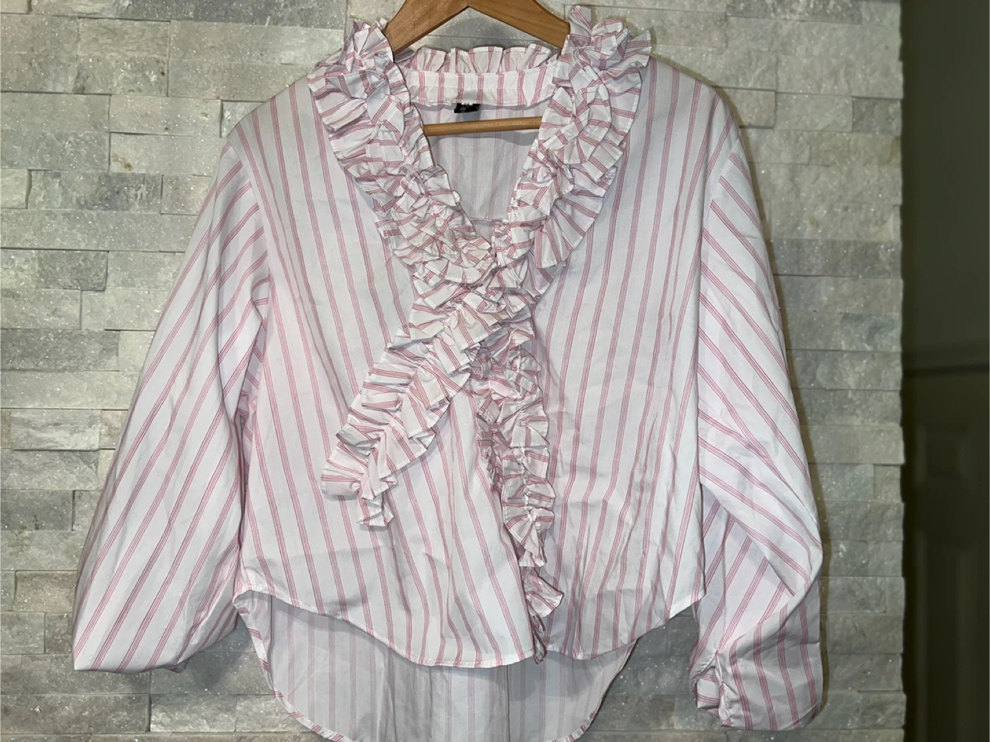 White and Pink Striped Ruffle Blouse (medium)