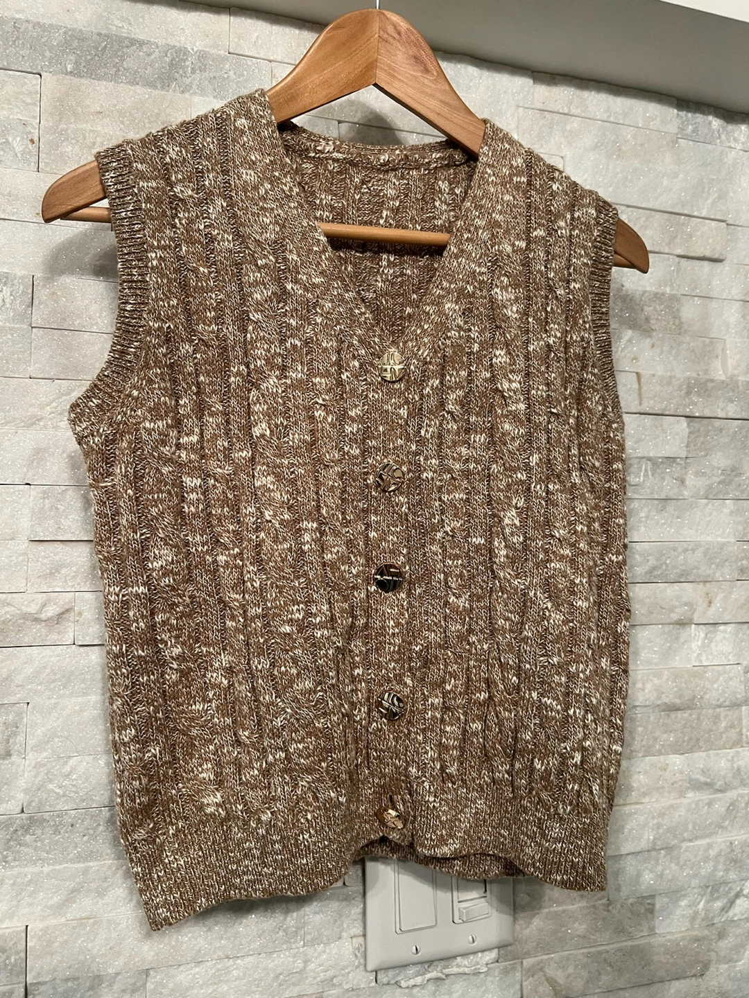 Brown Cable Knit Button-Up Vest