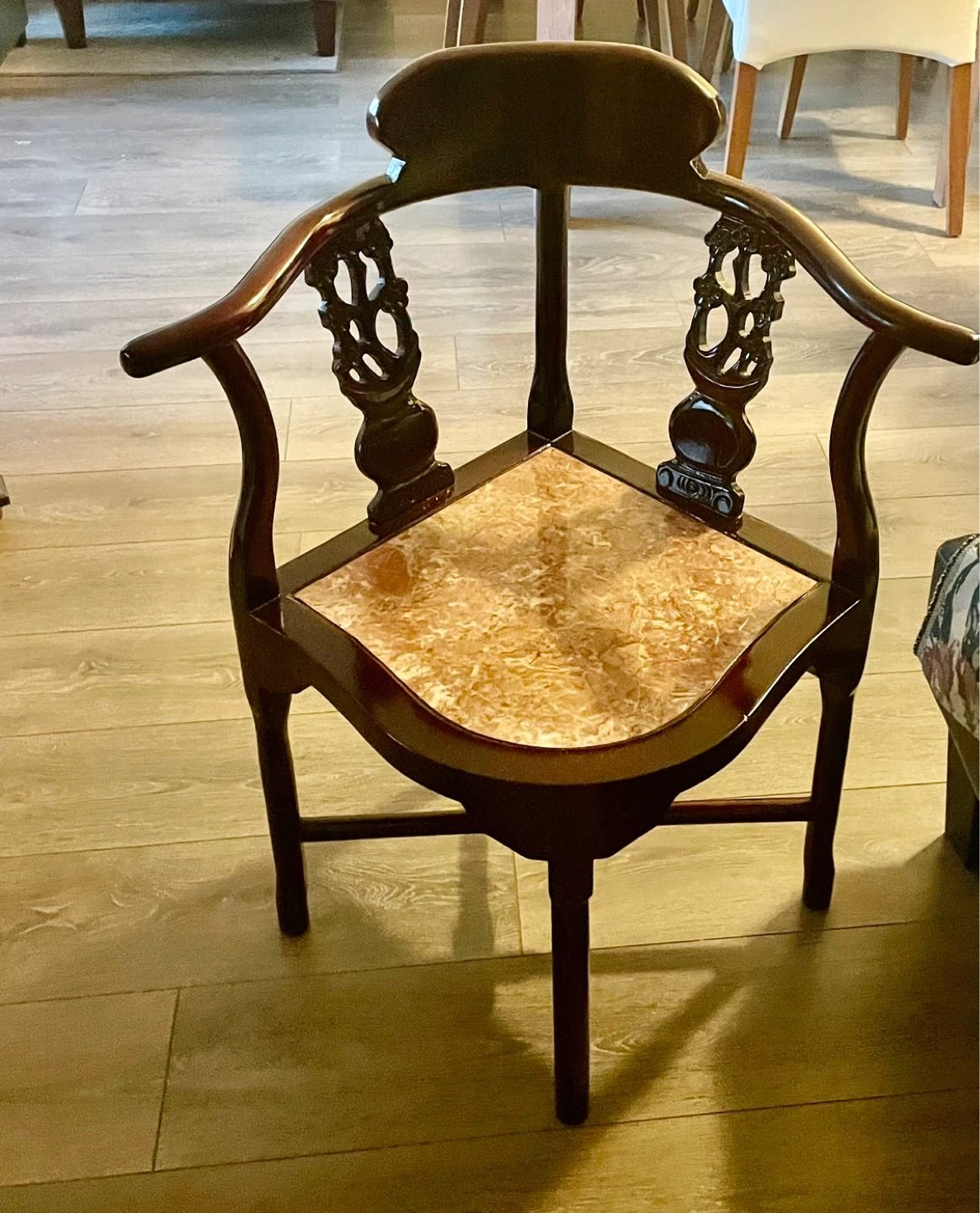 Wooden Corner Chair with Decorative Inlay