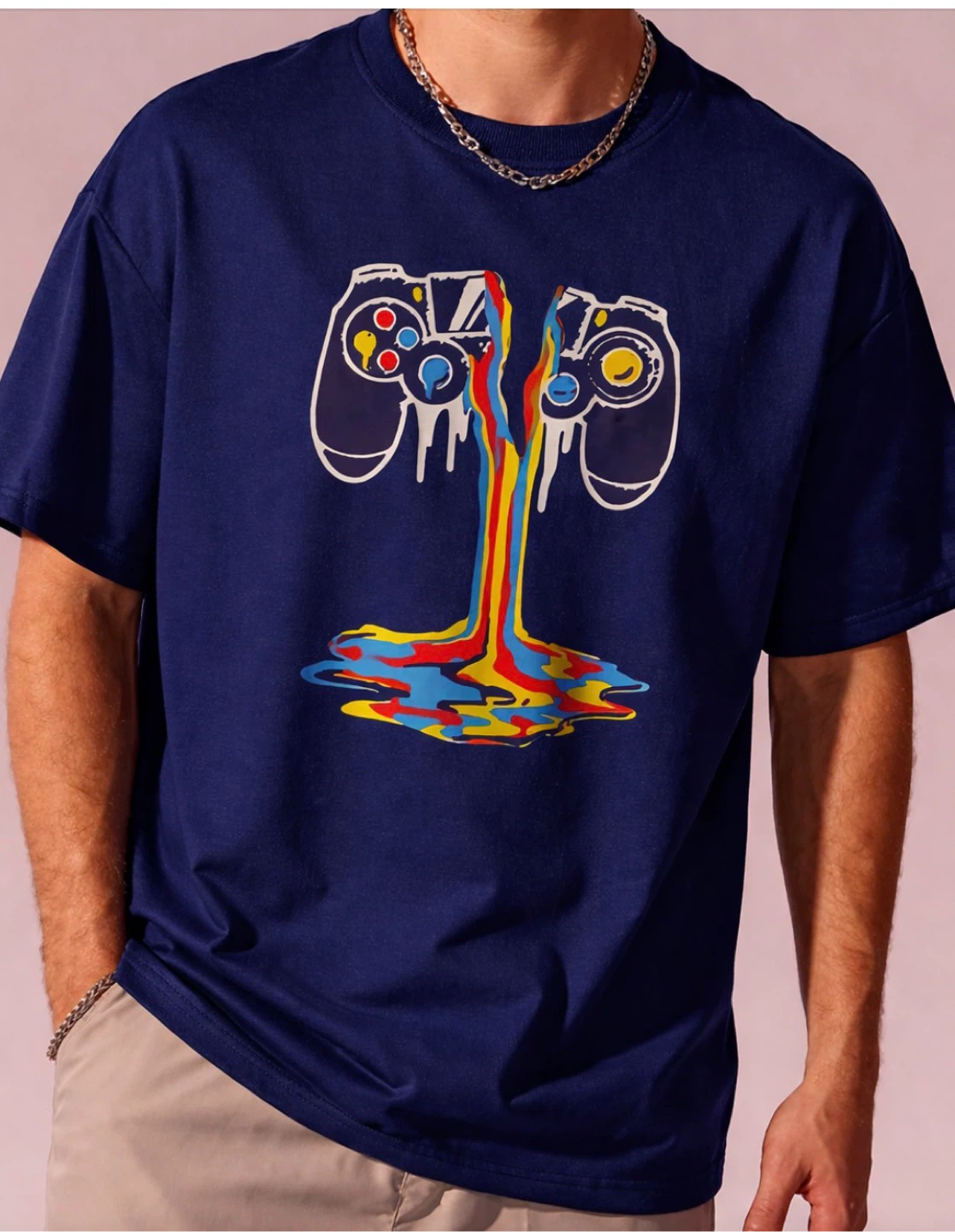 NIGHT ZONE Men's Navy Blue Gaming Controller Graphic T-Shirt L/G