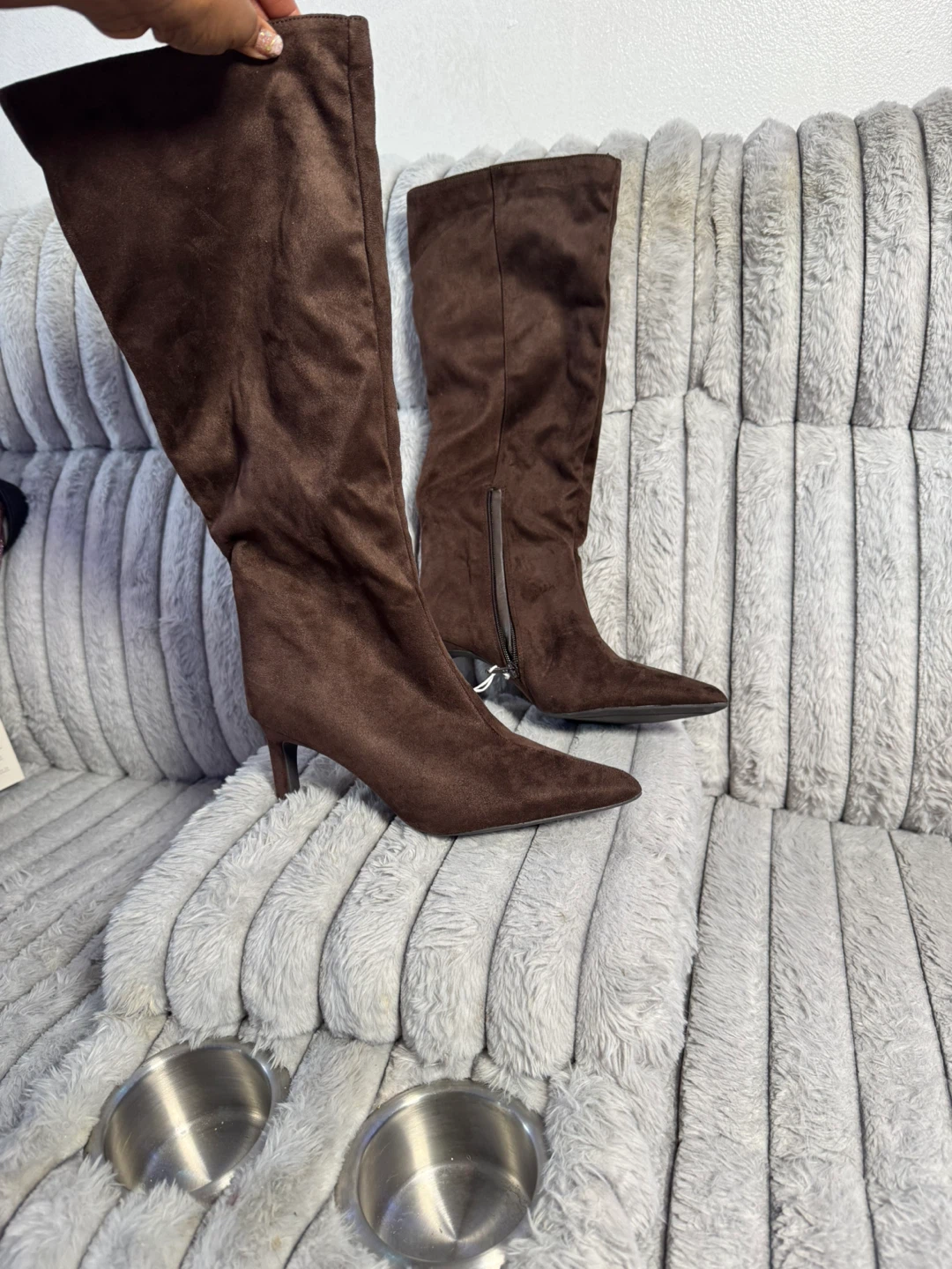 Brown Faux Suede Knee-High Boots