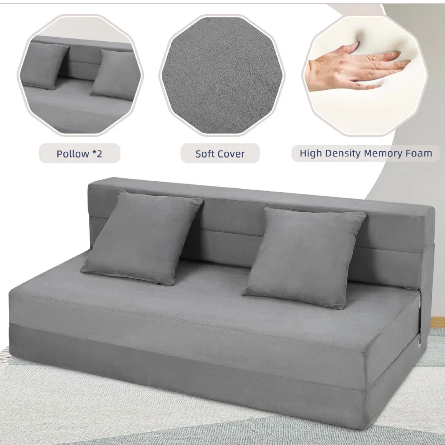 Grey Queen Foldable Sofa Bed with 2 Pillows - photo 2