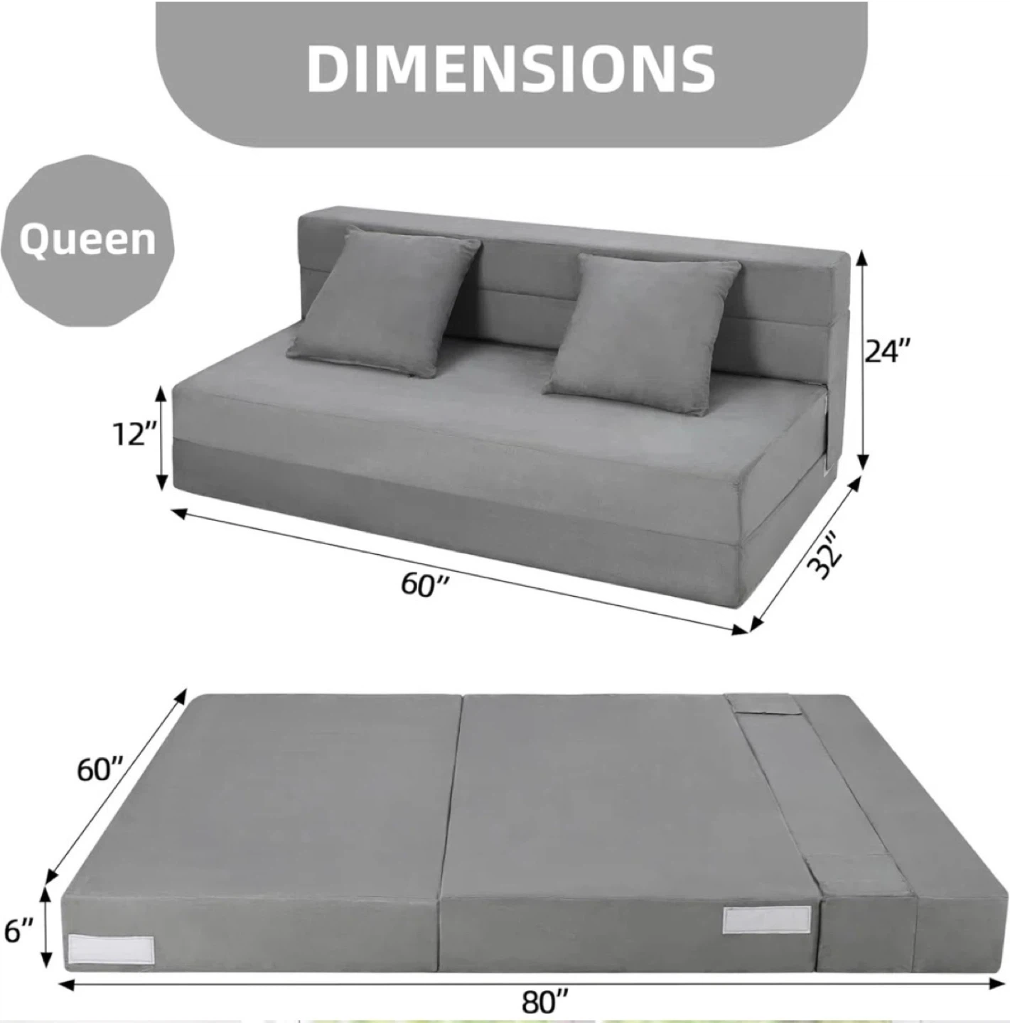 Grey Queen Foldable Sofa Bed with 2 Pillows - photo 3