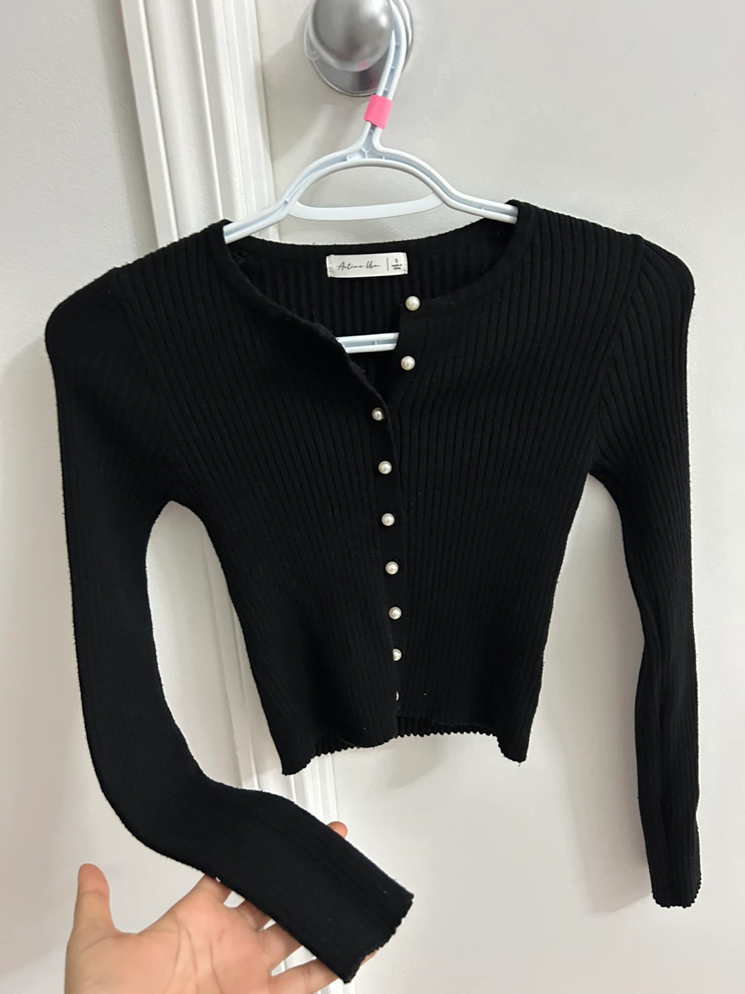 Black Ribbed Cardigan with Pearl Buttons - Size S