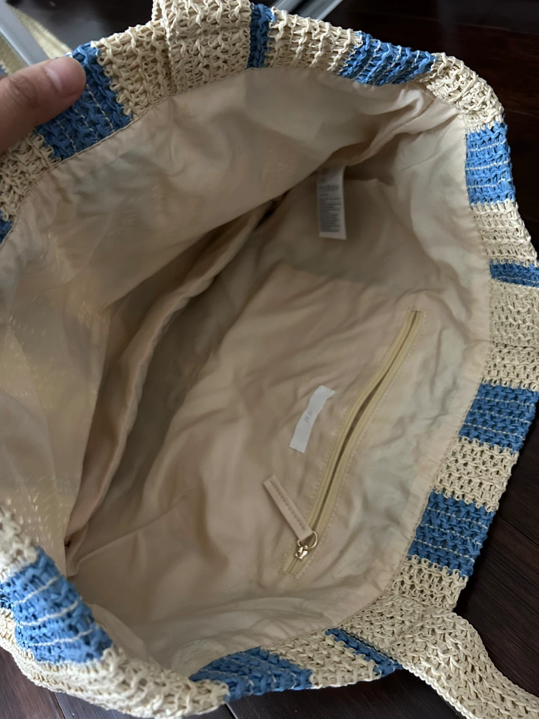 HnM Straw Tote Bag with Zipper - Blue and Tan Striped - photo 2