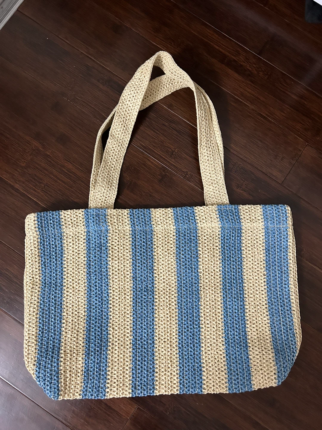 HnM Straw Tote Bag with Zipper - Blue and Tan Striped