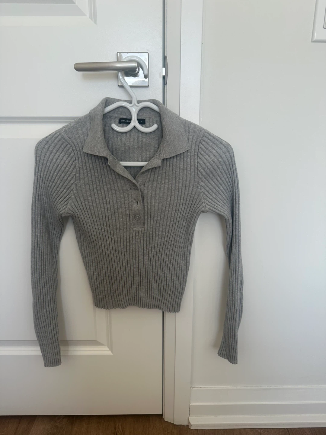 Brandy Melville Grey Ribbed Collared Long Sleeve Top