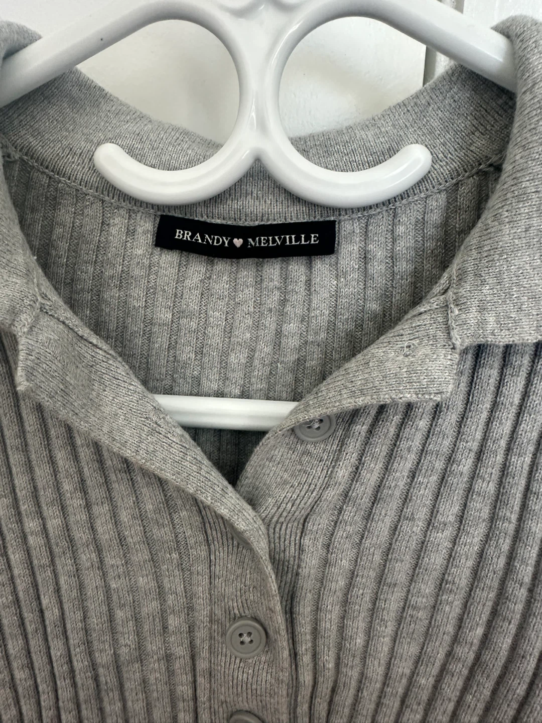 Brandy Melville Grey Ribbed Collared Long Sleeve Top - photo 2