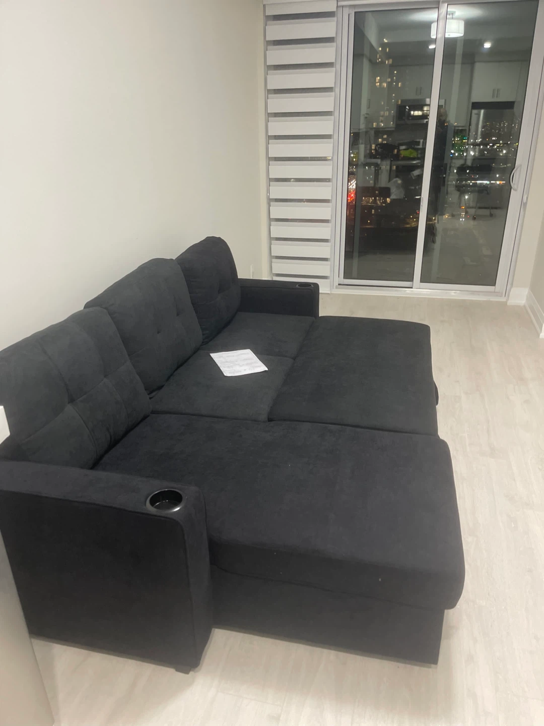 Dark Grey Sectional Couch with Chaise and Cup Holders