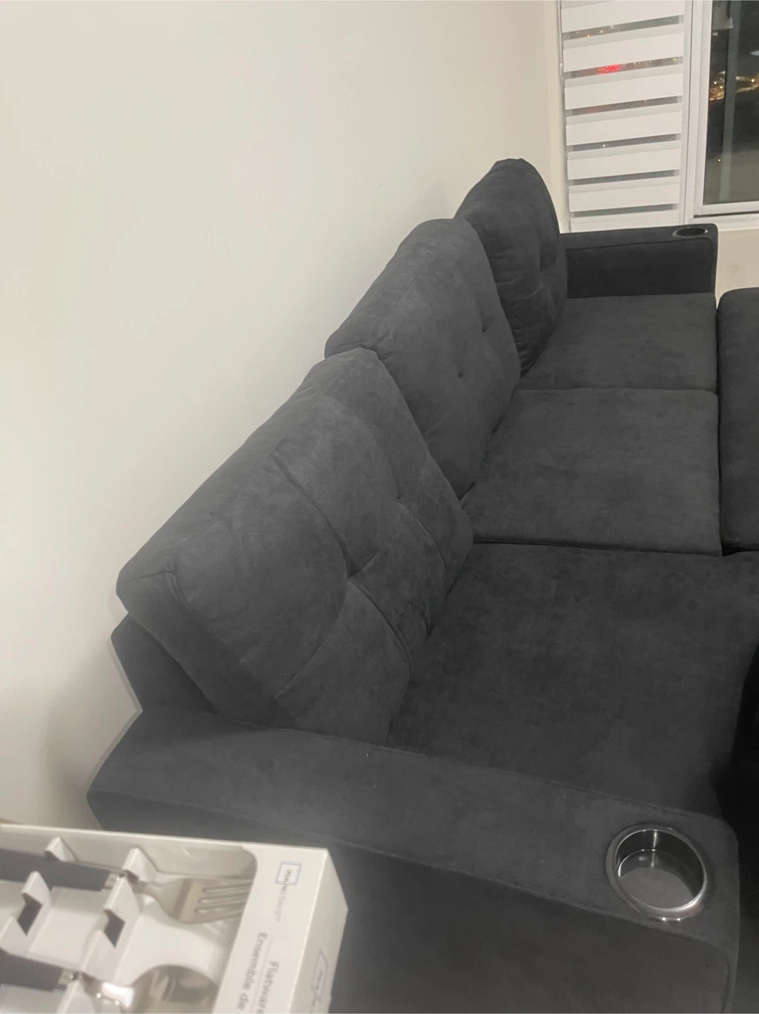 Dark Grey Sectional Couch with Chaise and Cup Holders - photo 2