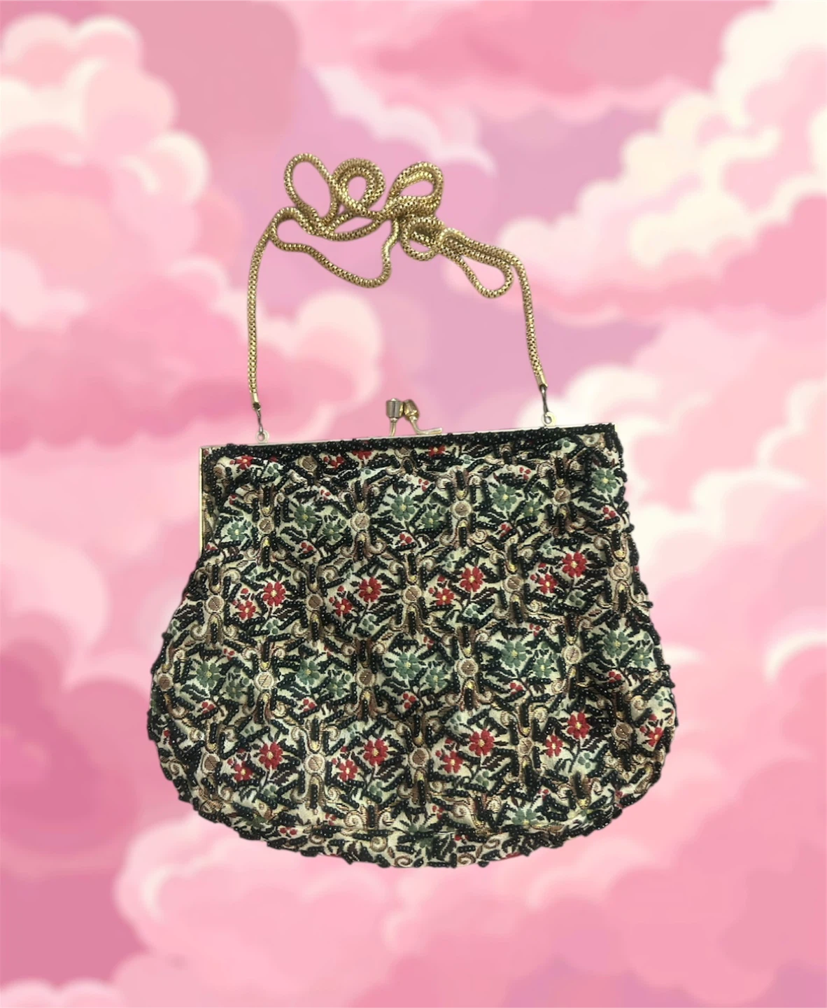 1950 WALBORG HONG KONG FLORAL BEADED CLUTCH PURSE