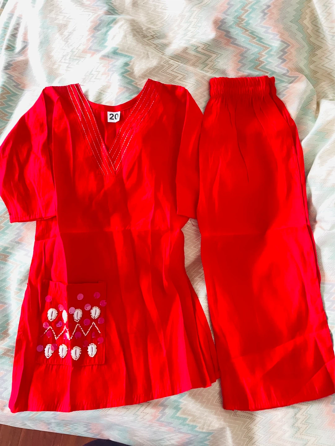 Red Kids Outfit with Embellished Pocket