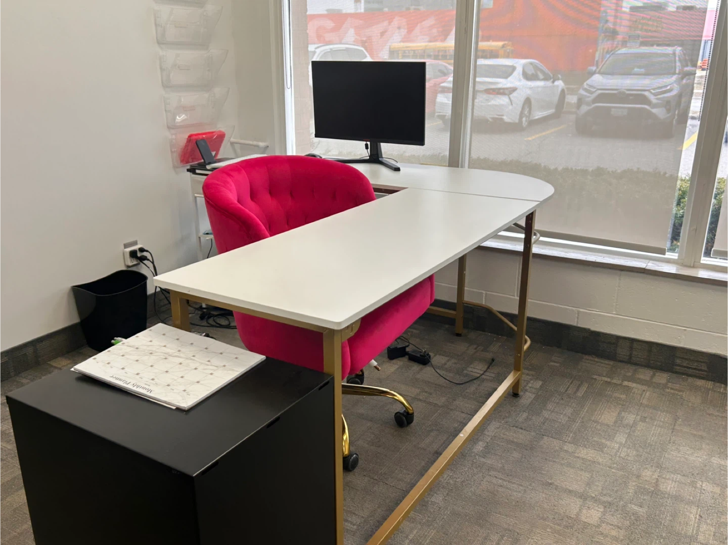 White L-Shaped Desk with Gold Frame