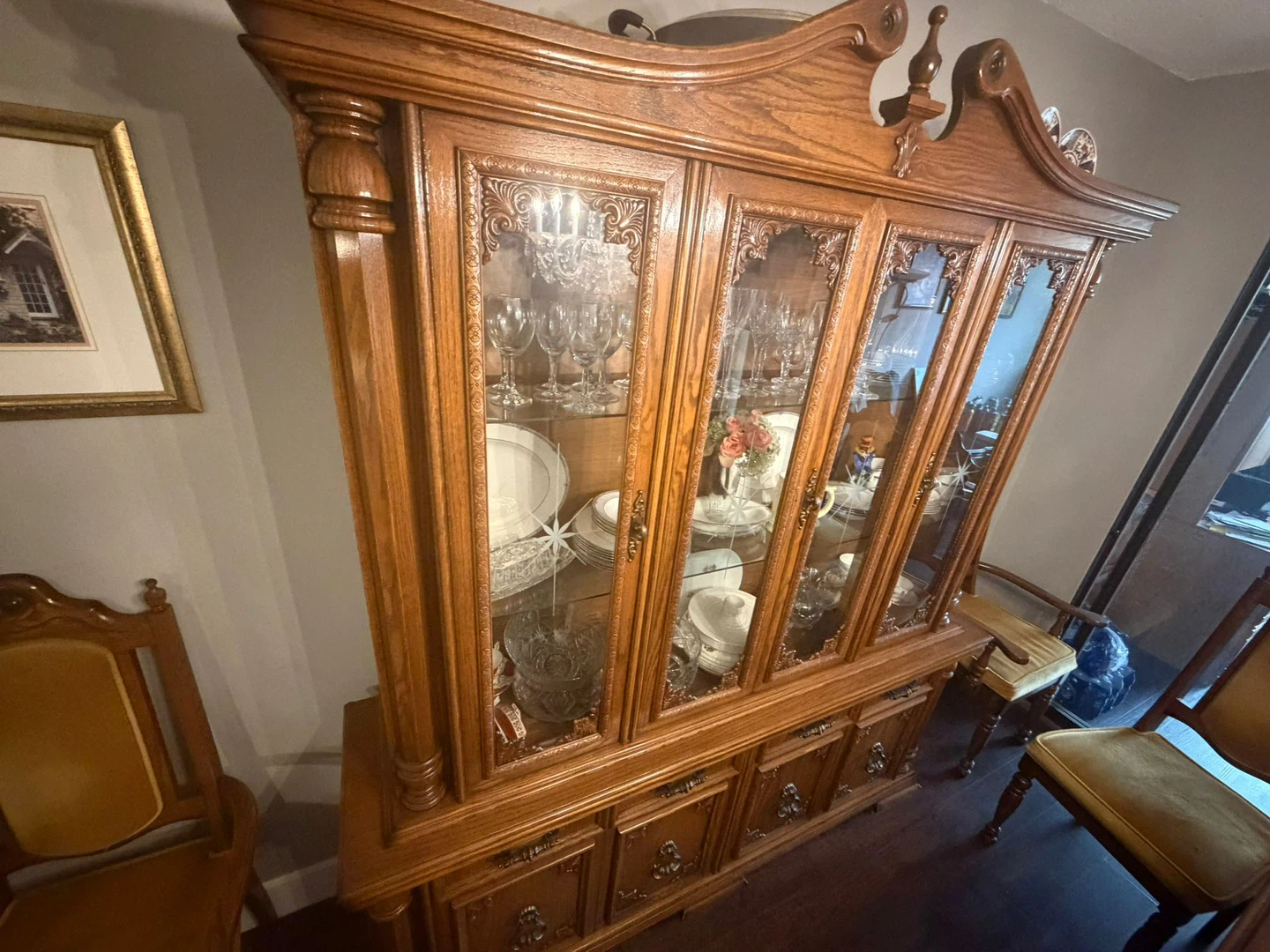 Wooden Dining Table Set with Chairs and Hutch