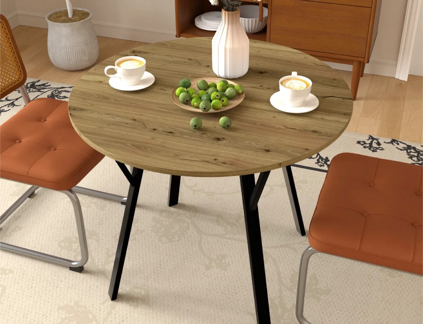 Round Wood Dining Table with Black Metal Legs