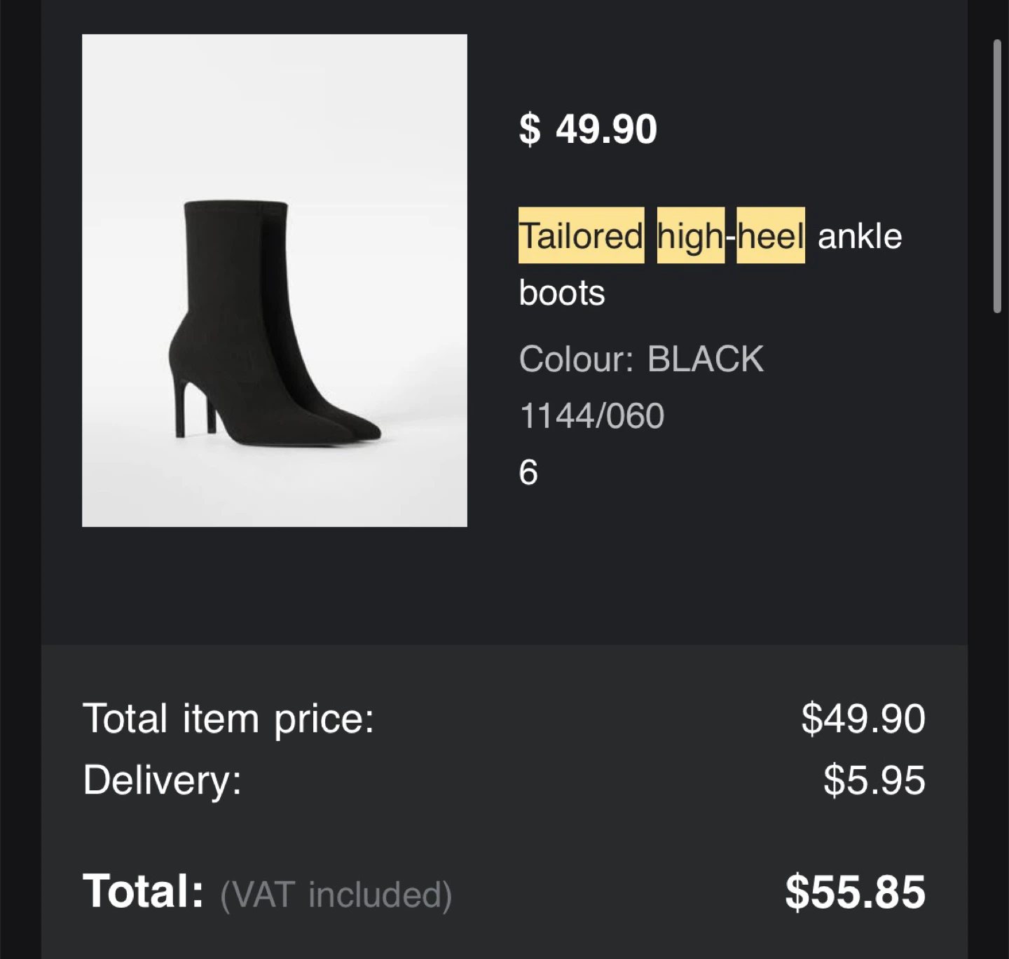 Black Tailored High Heel Ankle Boots Size 6