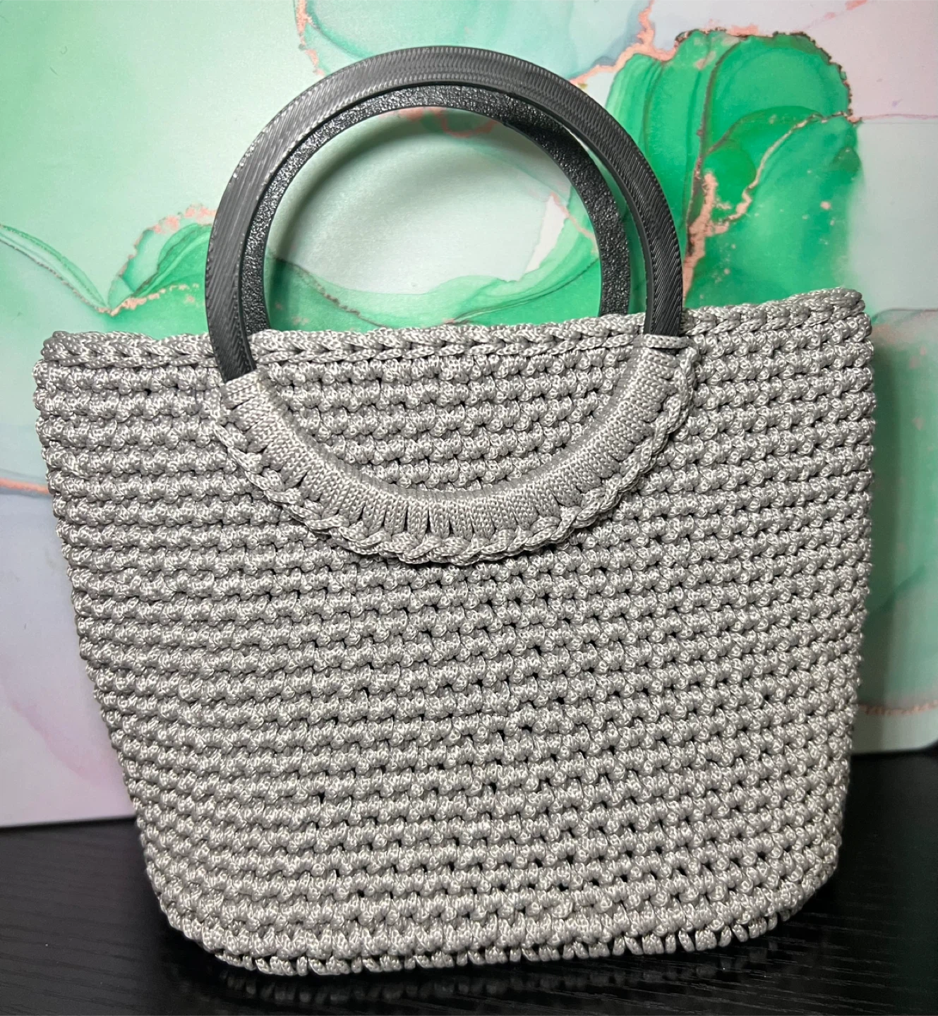 Grey Crocheted Handbag with Round Handles - photo 3