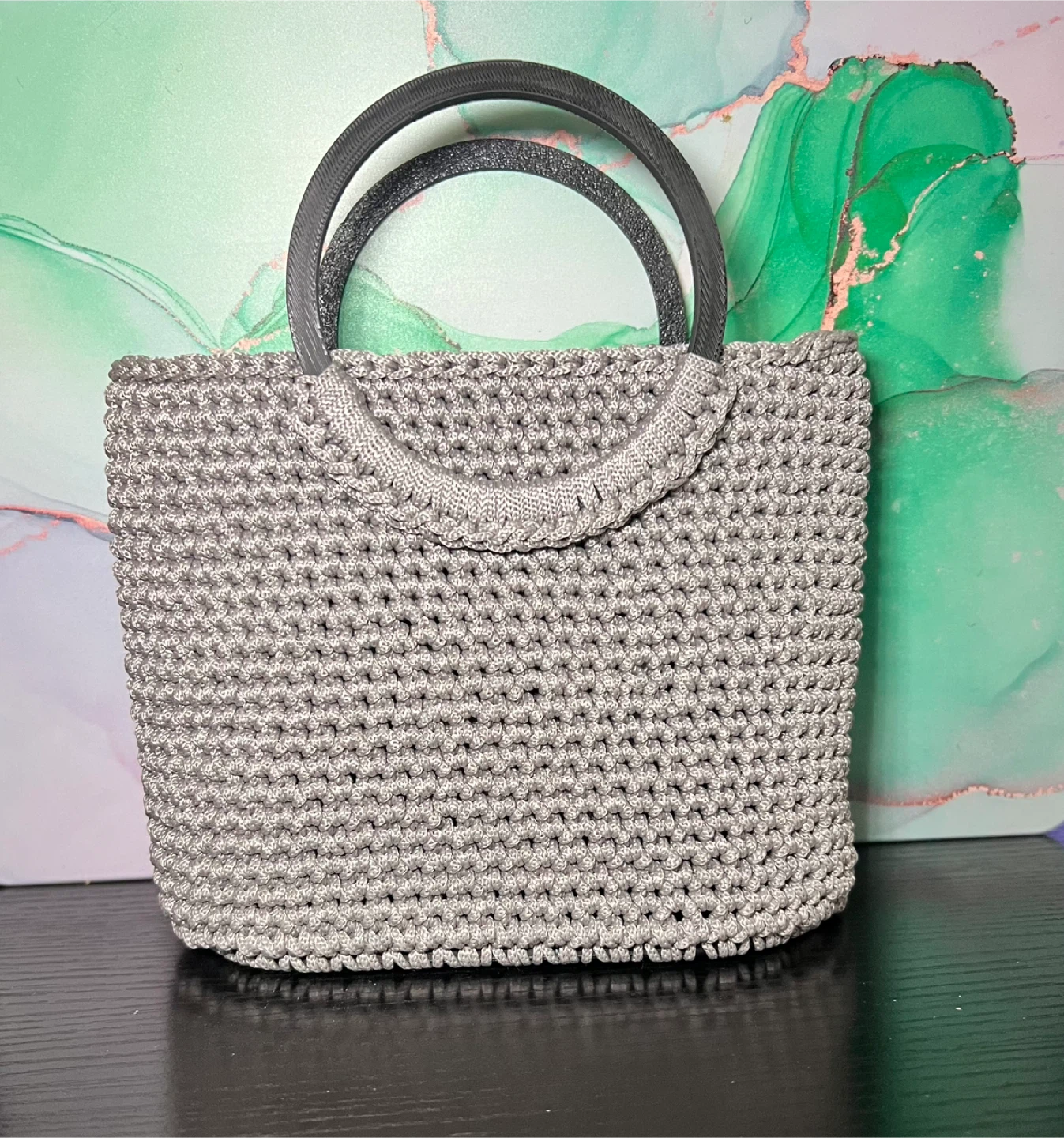 Grey Crocheted Handbag with Round Handles