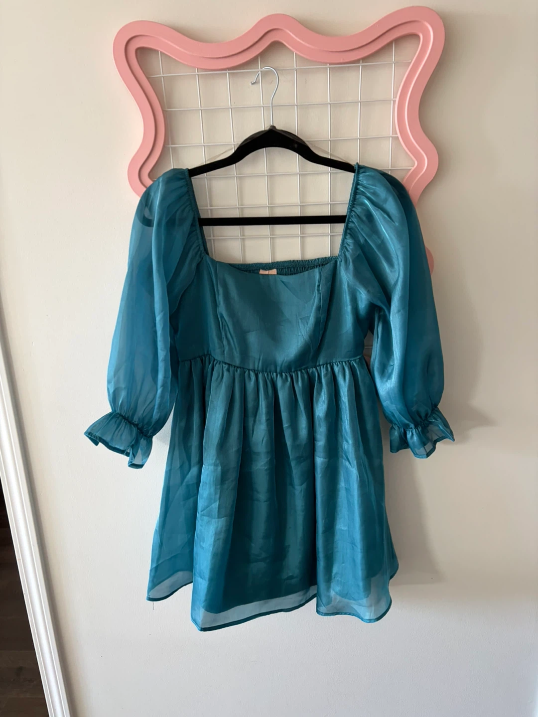 Teal Babydoll Dress with Puff Sleeves, Size M