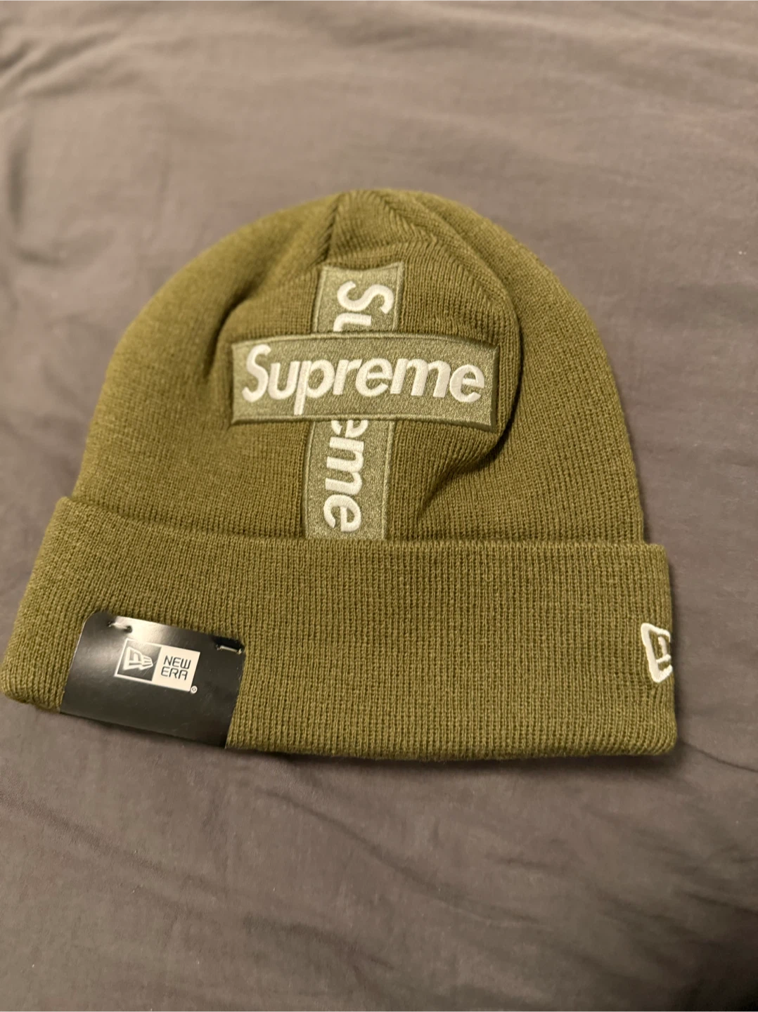 Supreme New Era Cross Box Logo Beanie Olive Green
