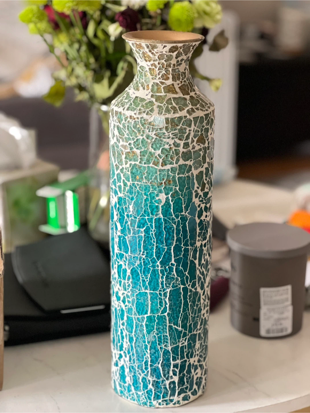 Teal Crackle Mosaic Vase