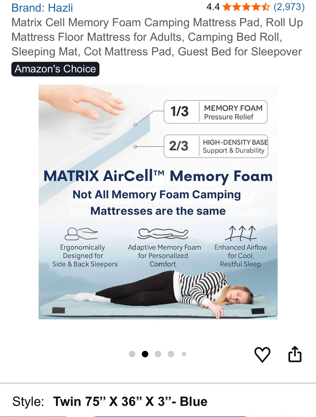 Hazli Twin Memory Foam Camping Mattress Pad - Blue - photo 2