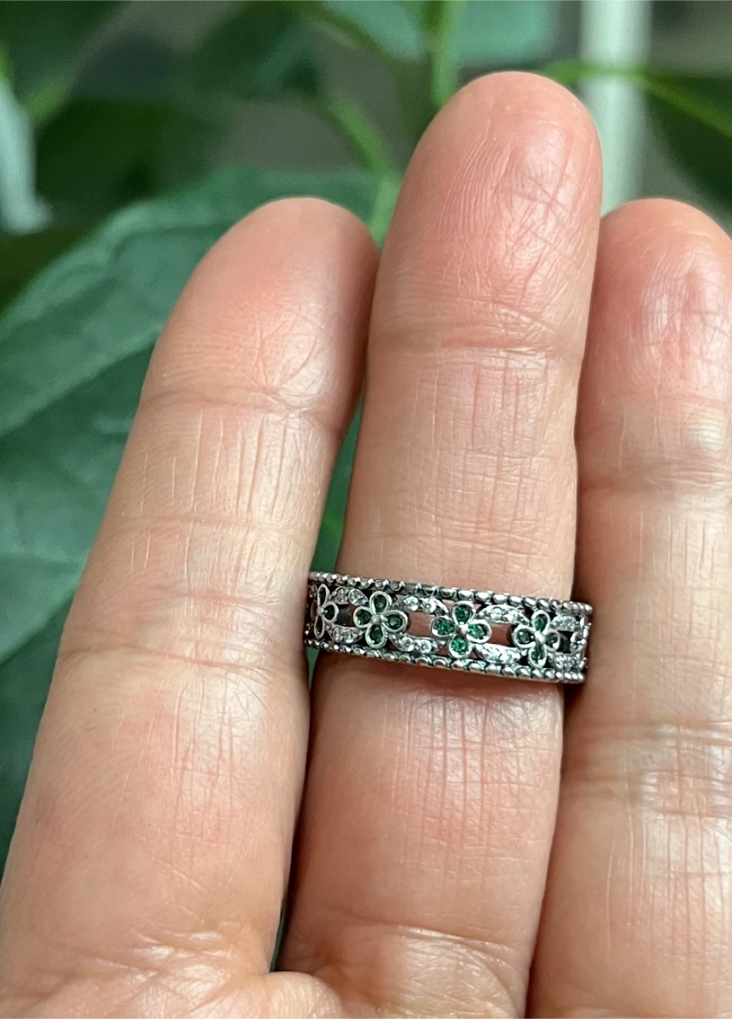 Silver plated Ring with Floral Design and Green Gems