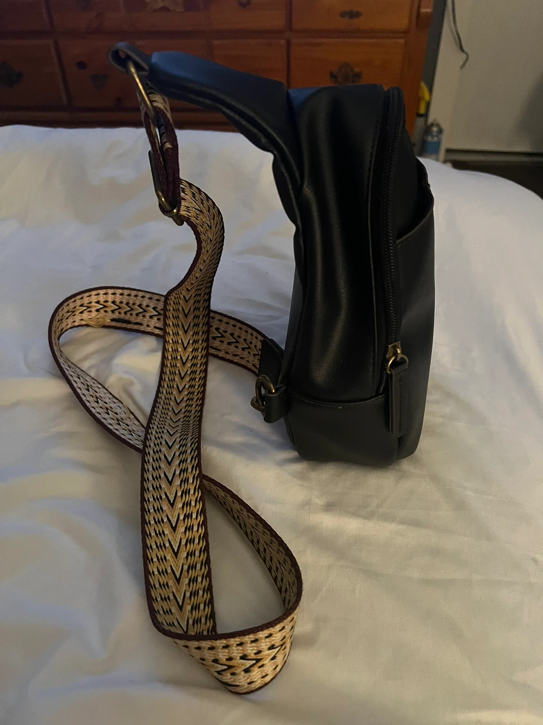 Black Faux Leather Crossbody Bag with Patterned Strap - photo 2