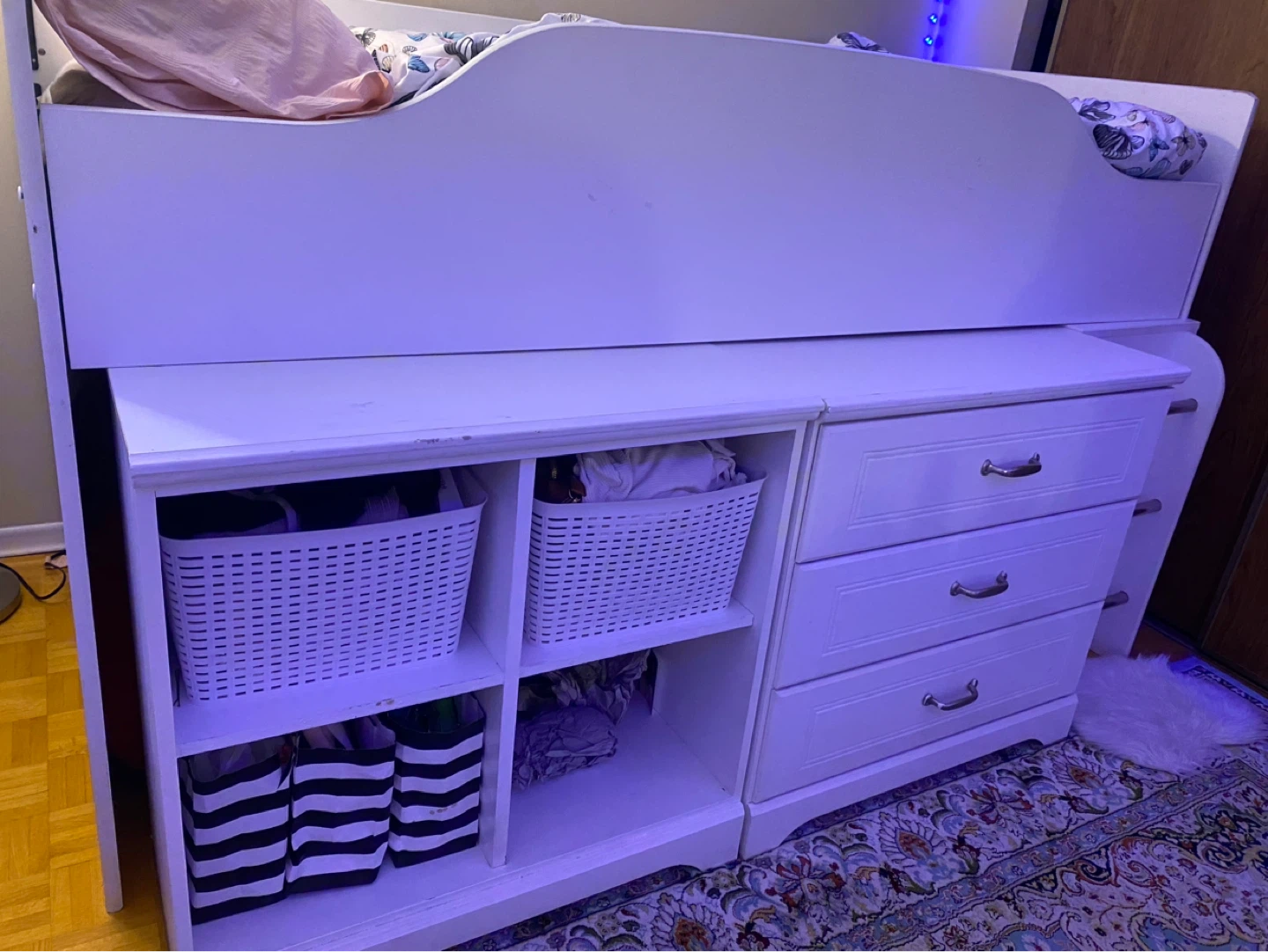White Loft Bed with Drawers and Shelves