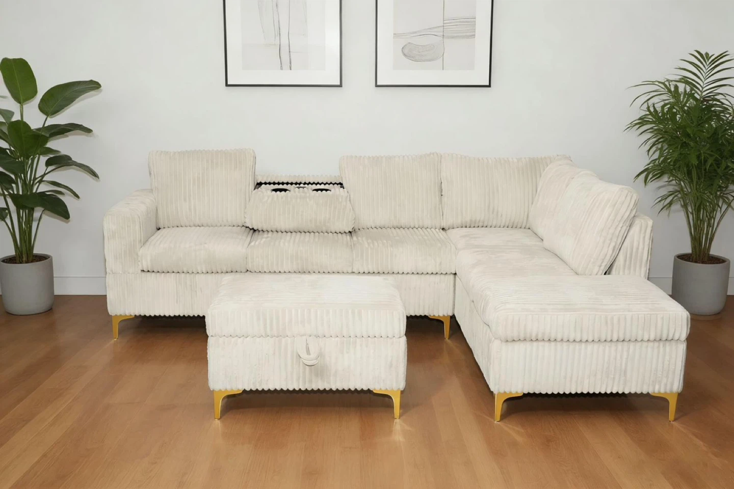 Grey Corduroy Sectional Sofa with Ottoman - photo 2