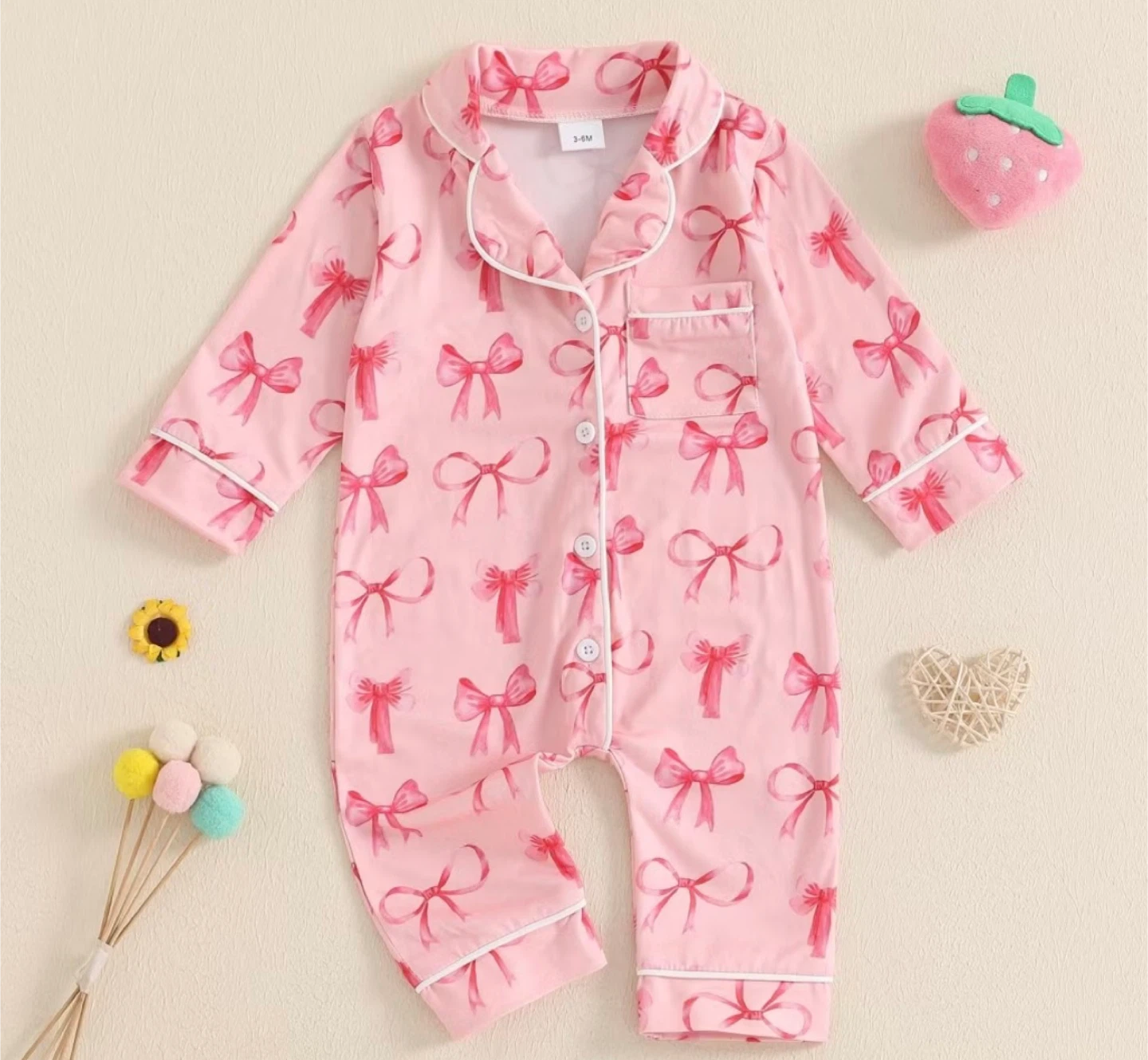 Baby Girl Pajamas Pink Bow Print Jumpsuit