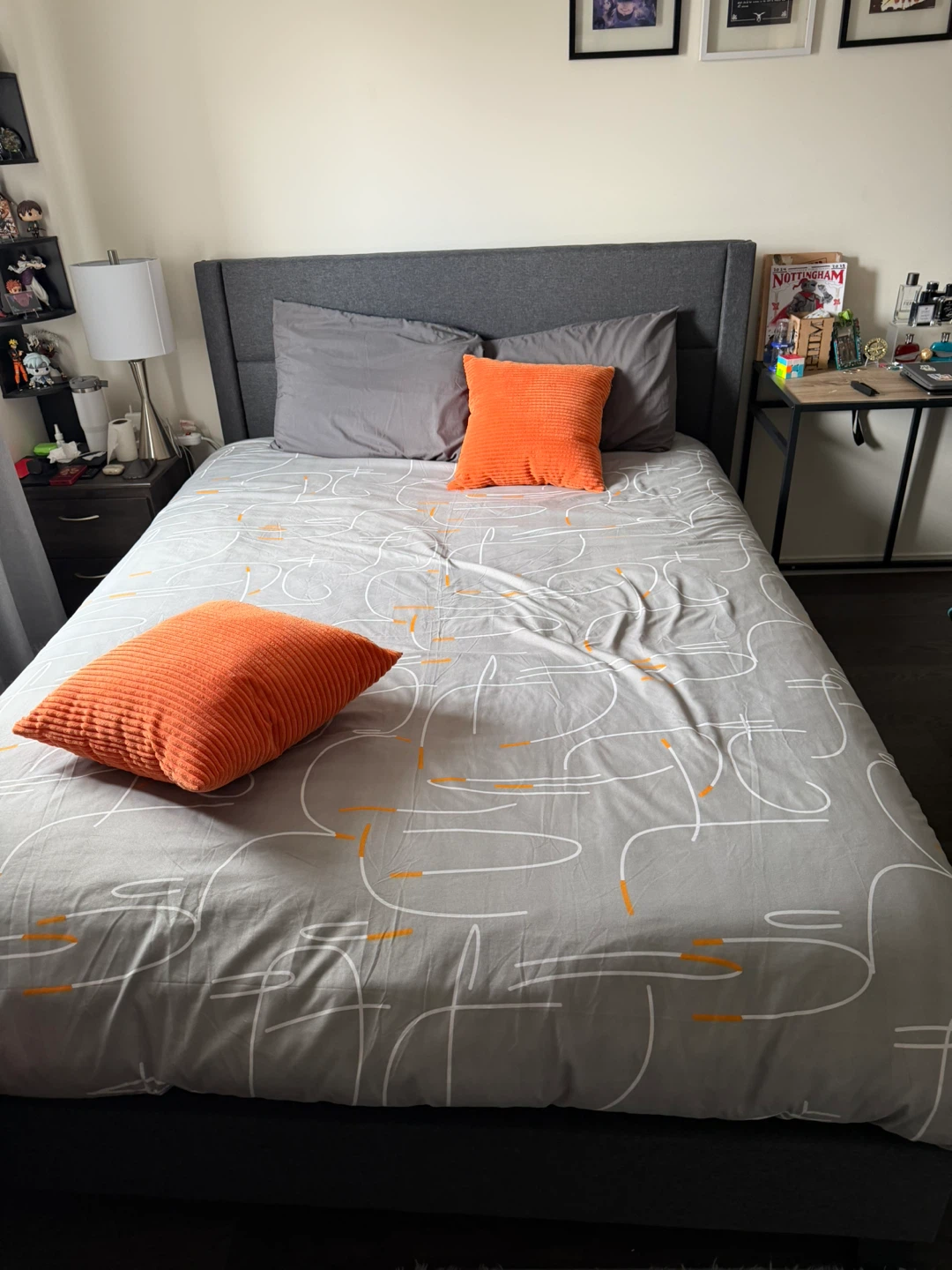 Grey Upholstered Queen Bed Frame with Headboard