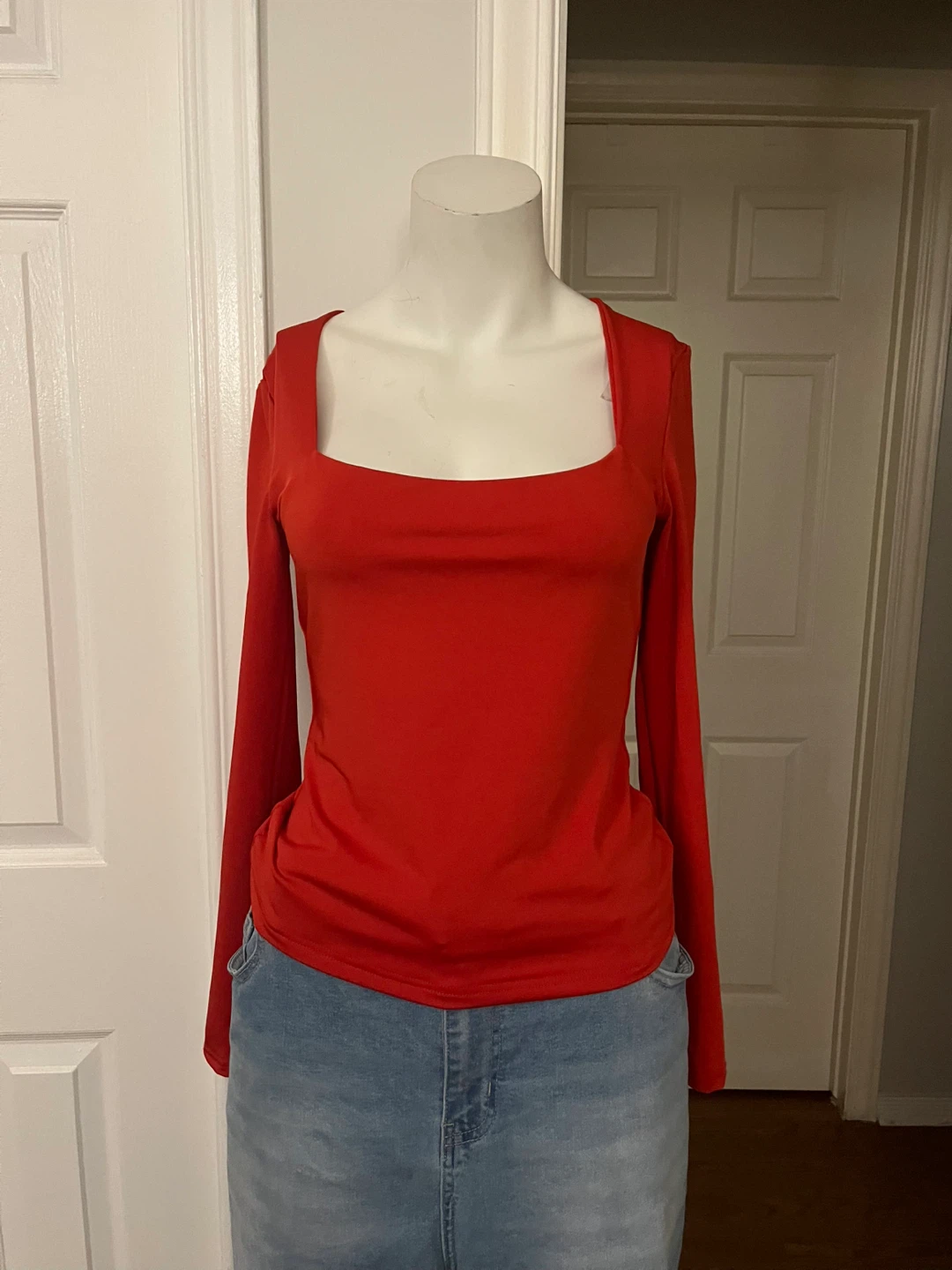 Red Long Sleeve Square Neck Top size medium - photo 2