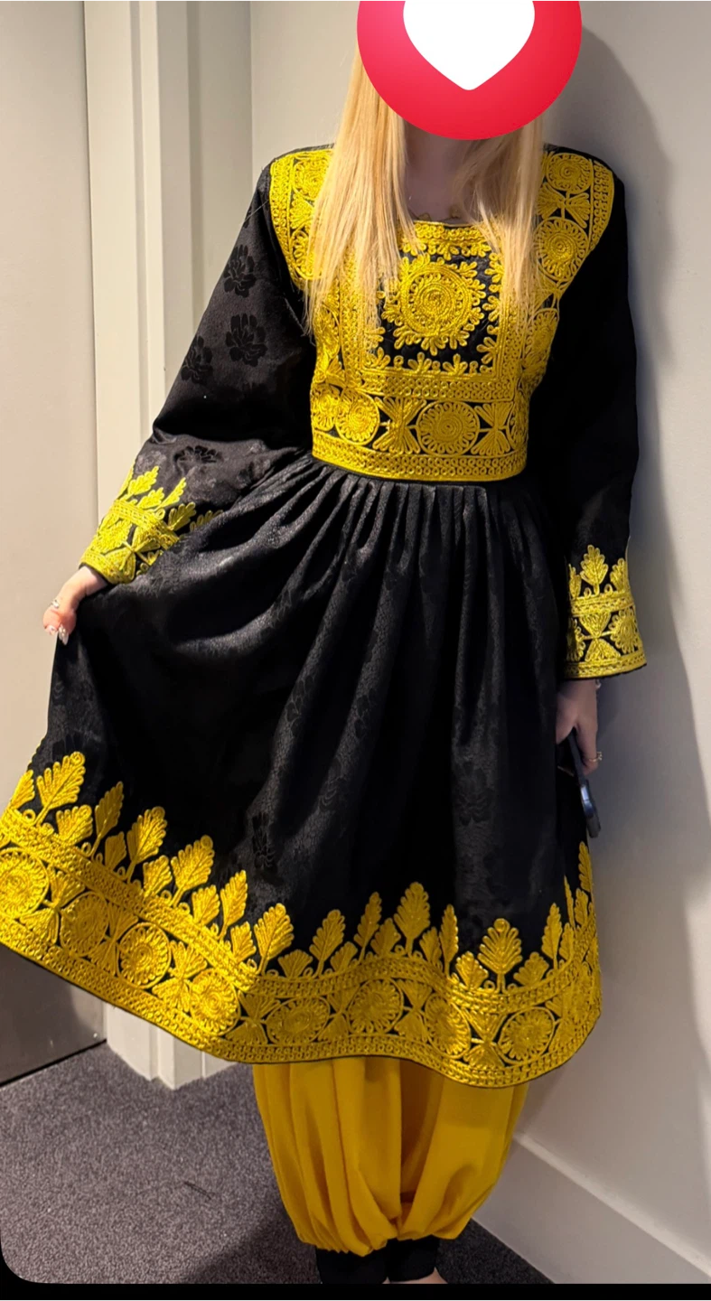 Black and Yellow Embroidered Dress with Pants - photo 2
