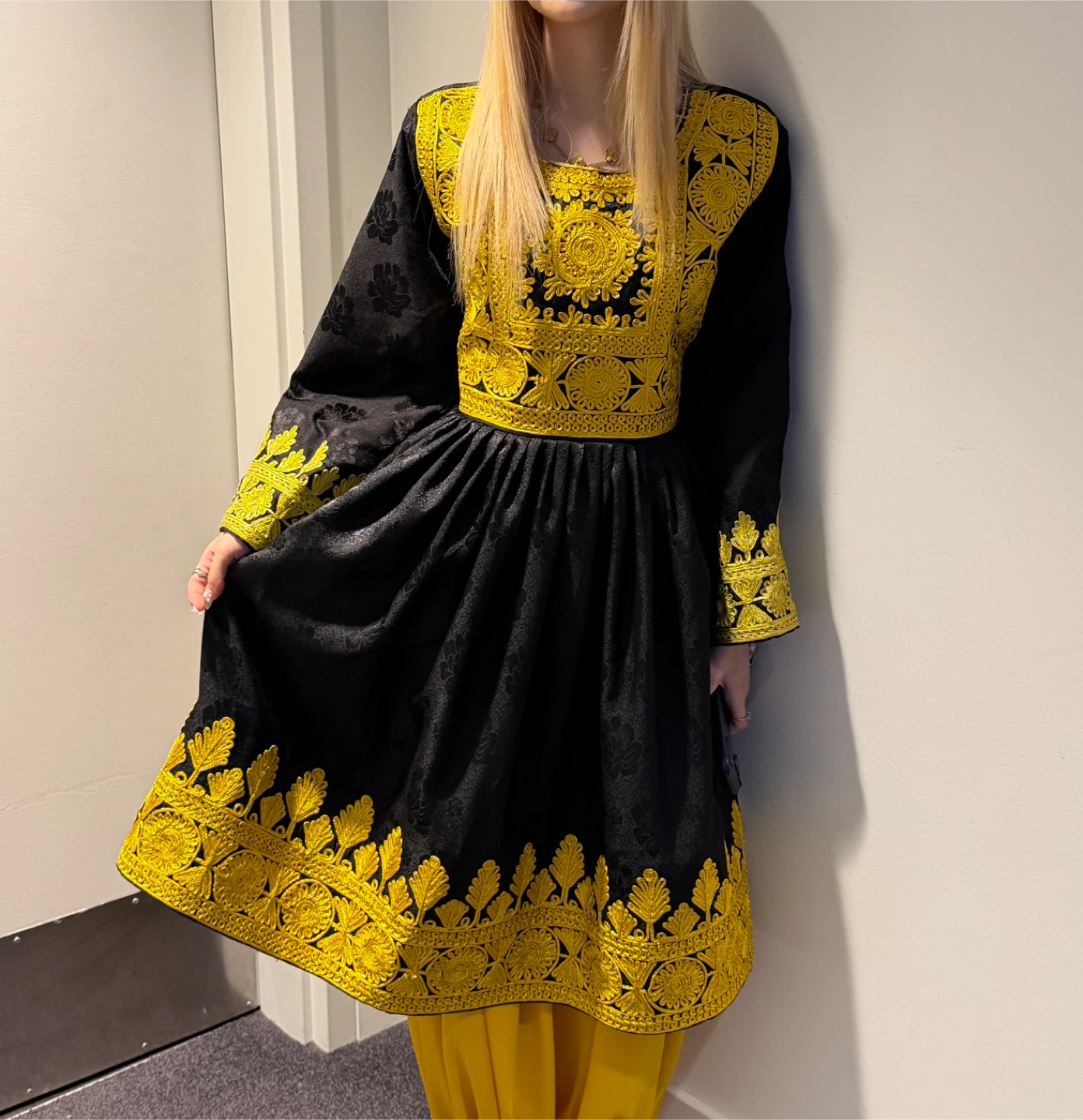 Black and Yellow Embroidered Dress with Pants
