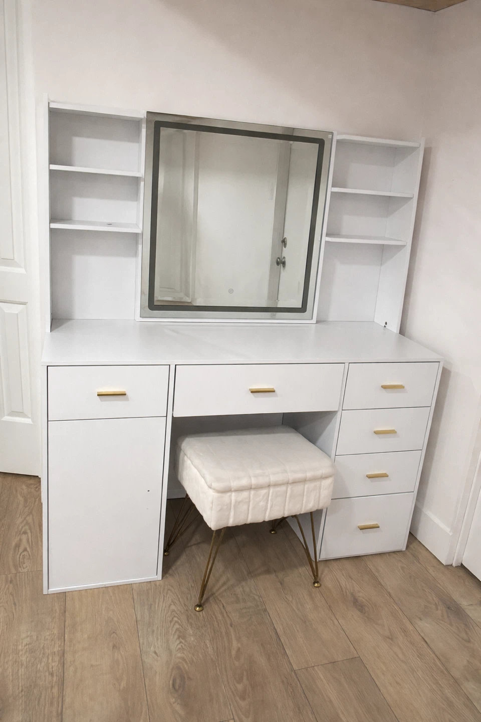 White Vanity Set with Light-Up Mirror and Stool