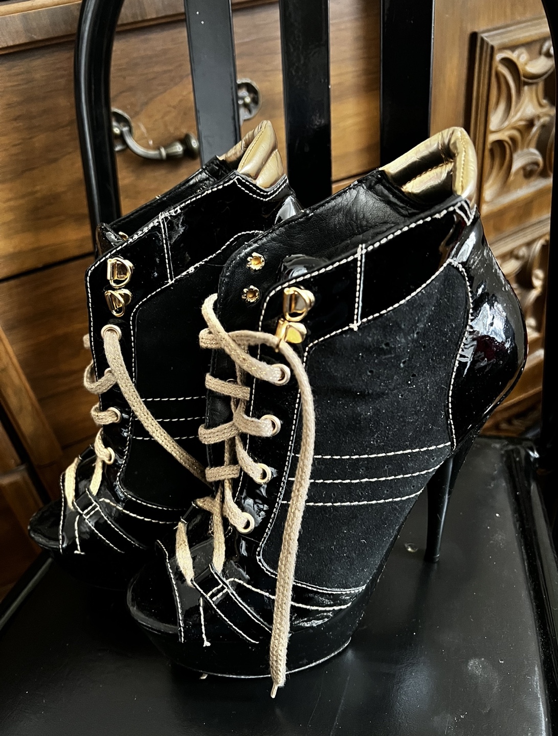 TOPSHOP Black Patent and Suede Lace-Up Heels