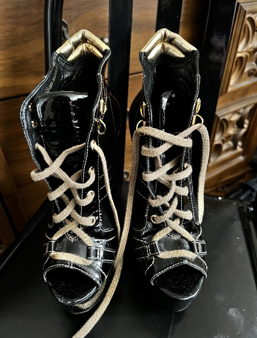 TOPSHOP Black Patent and Suede Lace-Up Heels - photo 3