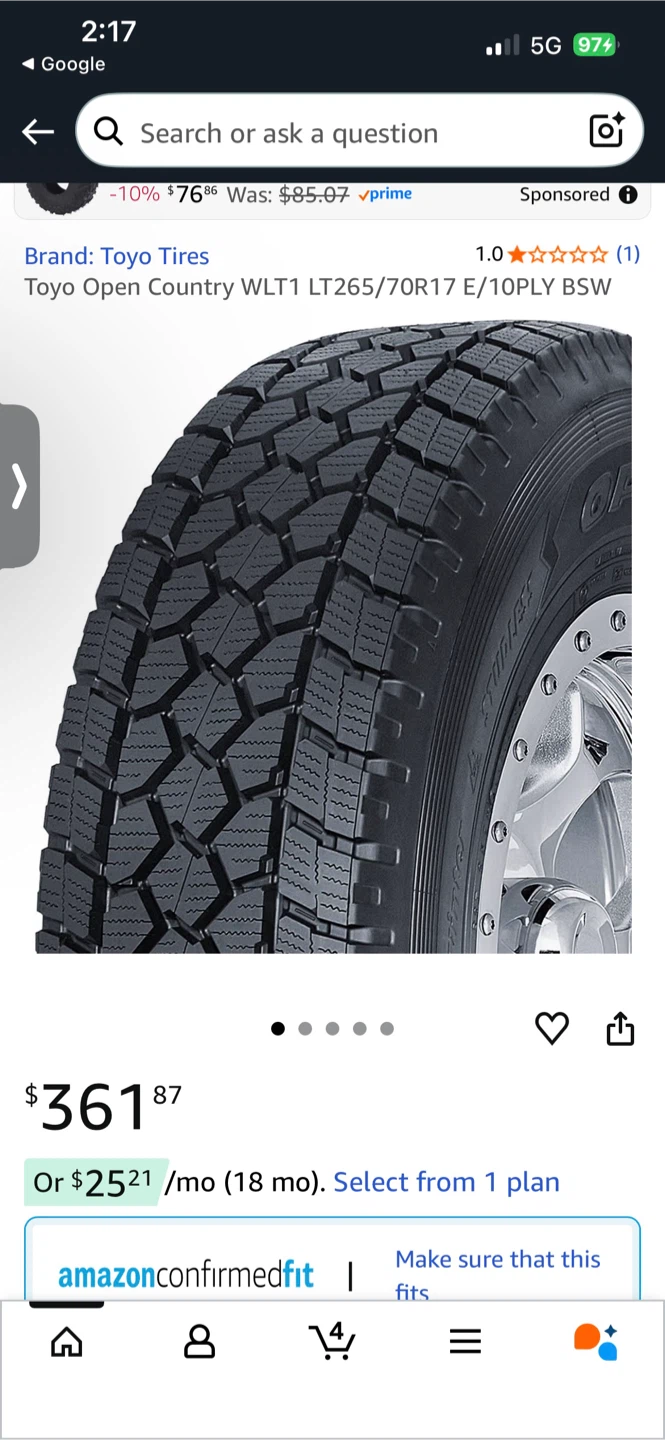 2 matching Toyo Open Country WLT Tires LT265/70R17